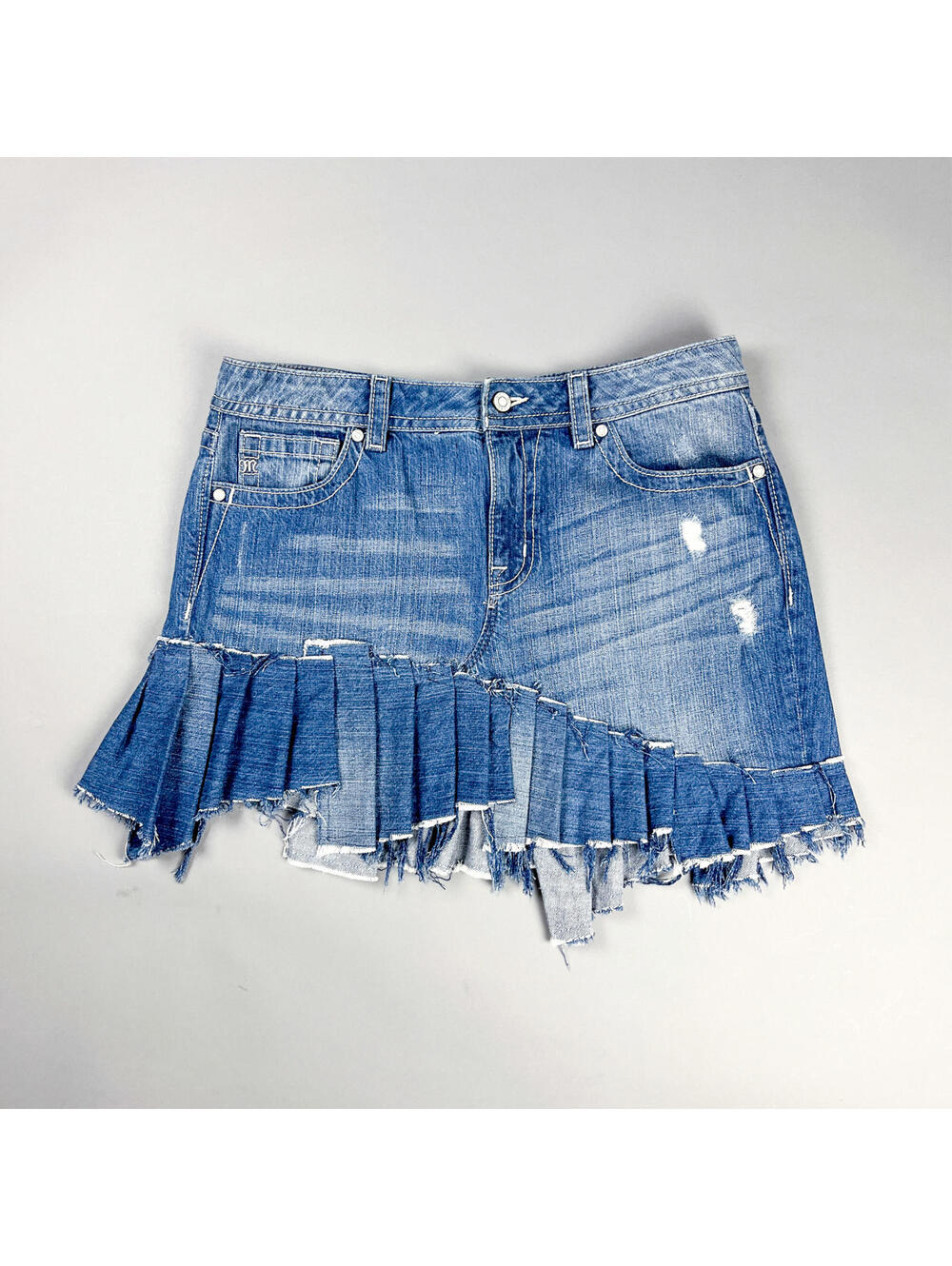 Y2K Low Rise Denim Mini Skirt – Upcycled Jean Skirt, Asymmetrical Grunge